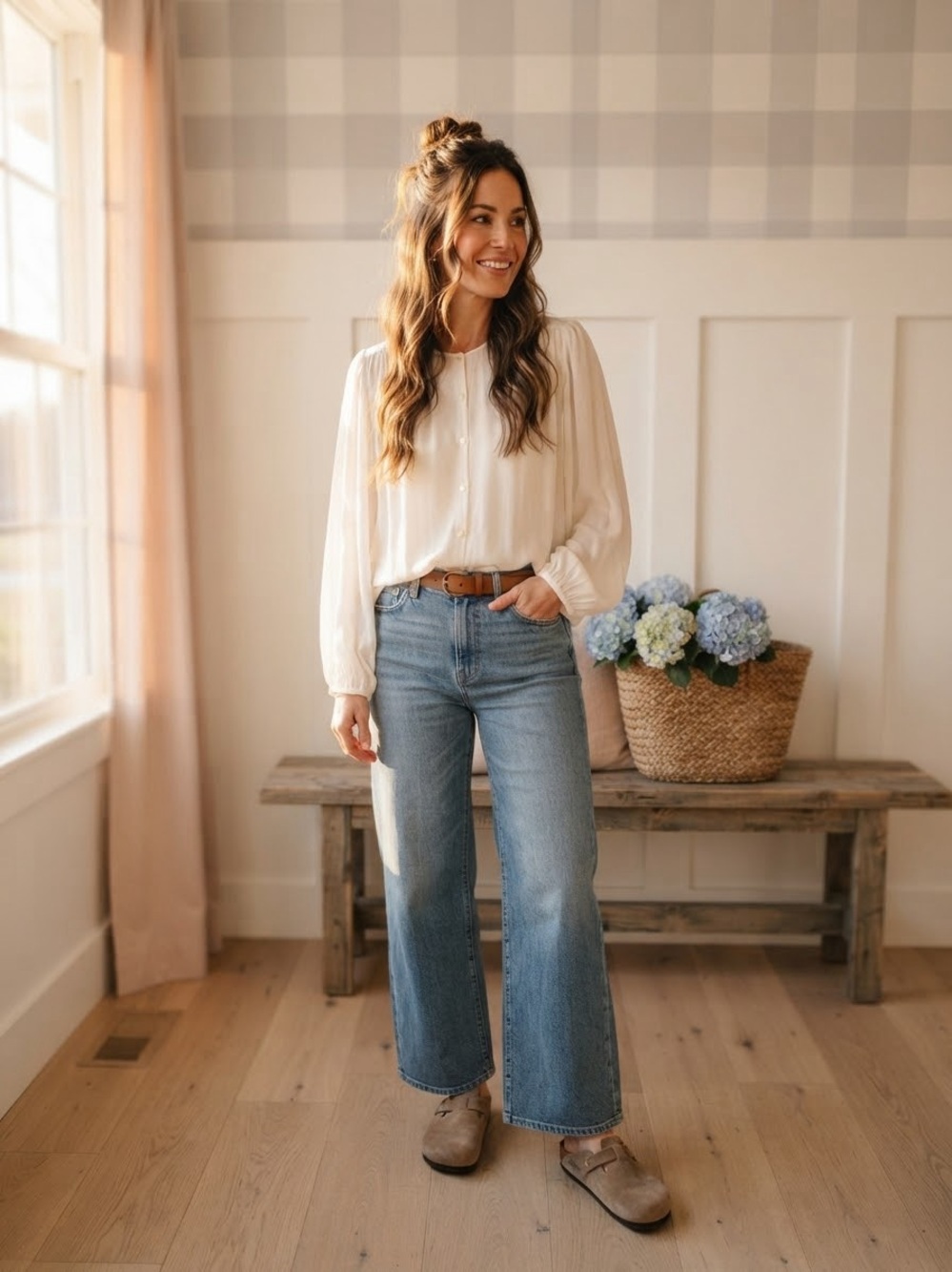Zara Cream Long-Sleeve Button-Front Blouse Medium
